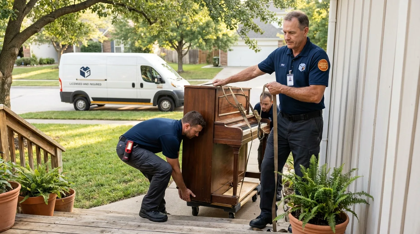 Licensed piano movers securing grand piano in Ontario, NY