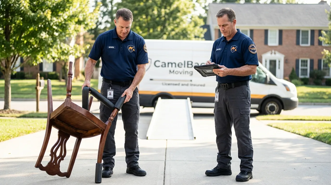 Movers inspecting furniture for damage prevention before loading in Ontario, NY