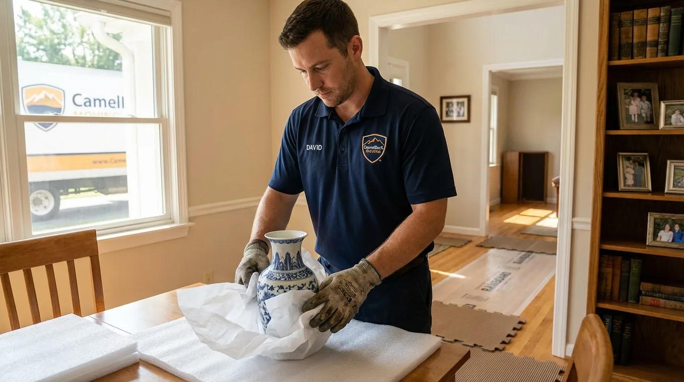 Professional crew carefully wrapping antique vase for senior downsizing move in Ontario, NY